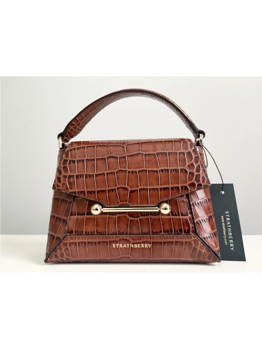 NEW Strathberry Mosaic Nano Brown Croc Embossed Leather Top Handle Crossbody Bag - Picture 2 of 16